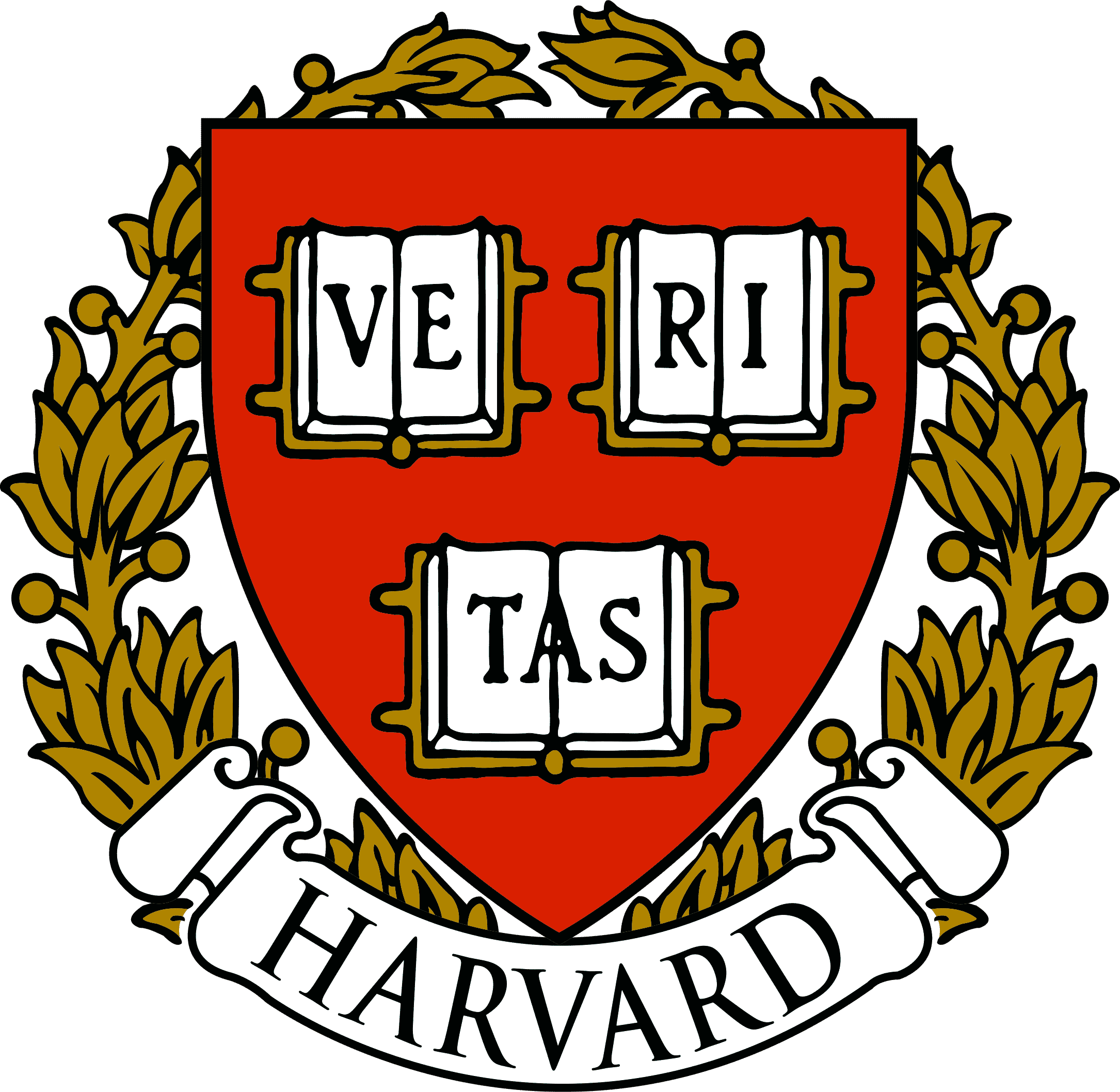 Harvard University emblem with three open books on a red shield and a gold leaf wreath.