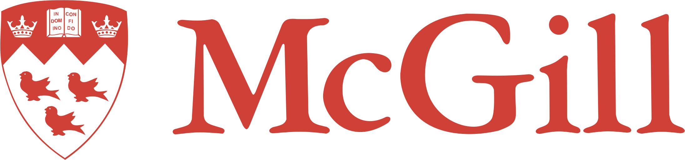 McGill University logo with shield featuring three red birds, two crowns, and an open book.