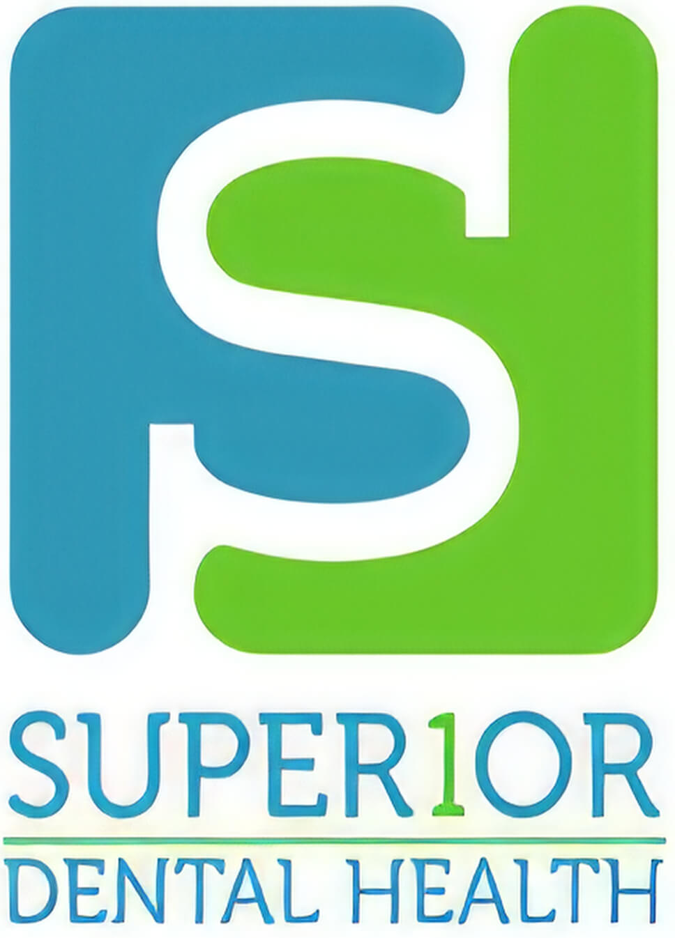 Logo with blue and green stylized letters S and J above text 'SUPER1OR DENTAL HEALTH'.