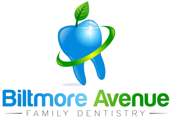 Blue tooth with green leaf and swoosh above Biltmore Avenue Family Dentistry text.