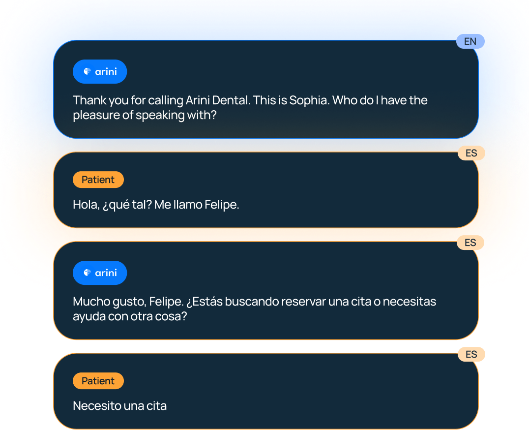 Chat showing a dental assistant in English and Spanish scheduling an appointment with a patient named Felipe.
