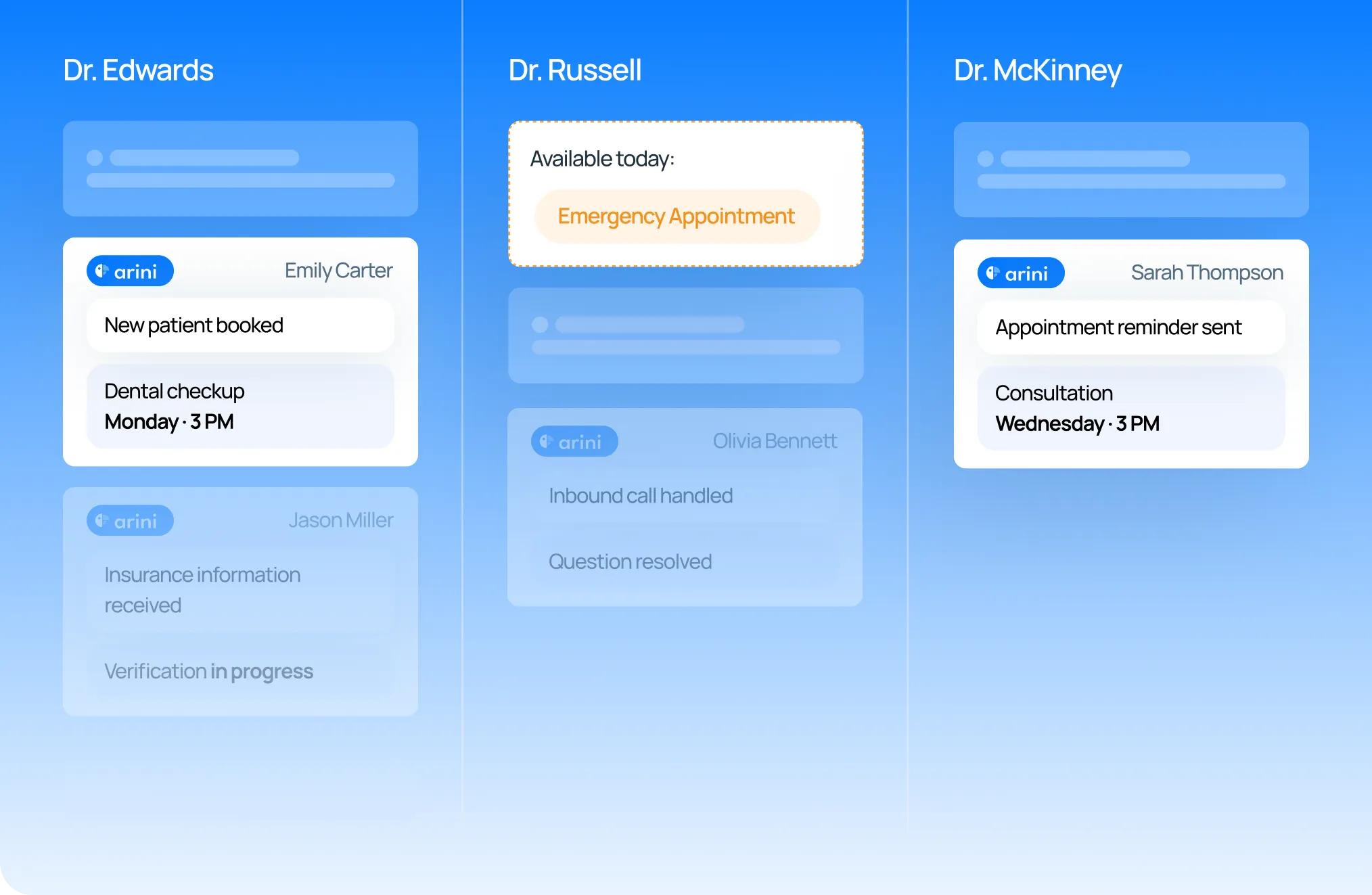 Dashboard showing appointment and task updates for Dr. Edwards, Dr. Russell, and Dr. McKinney.