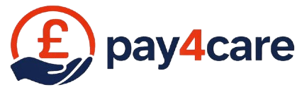 Logo with a red pound symbol above a navy blue hand and text 'pay4care' with number 4 in red.