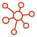Red network diagram with a central circle connected to six outer circles.