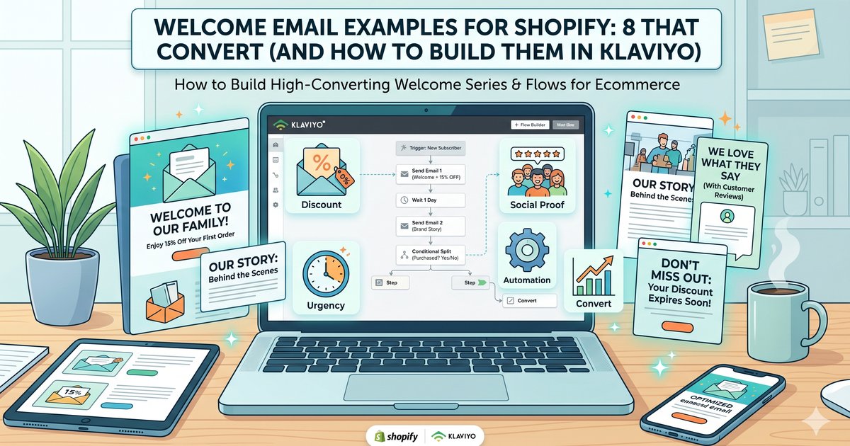 Welcome email examples for Shopify shown as a Klaviyo welcome flow with discount, brand story, social proof, and urgency emails