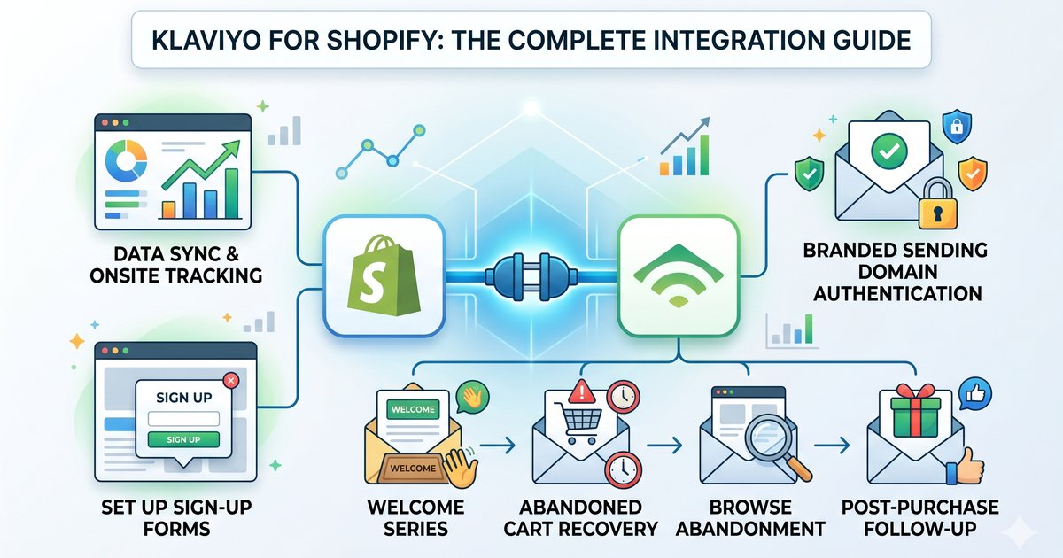 Klaviyo for Shopify complete integration guide infographic showing data sync, onsite tracking, sender authentication, and email flows