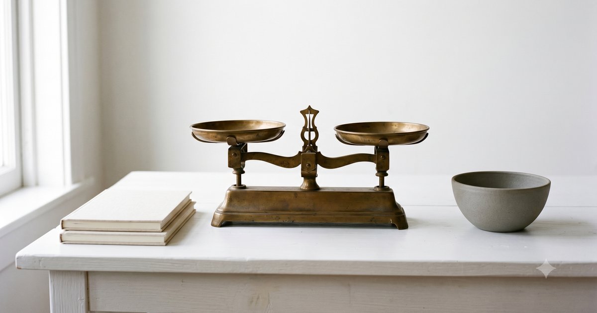 Vintage brass balance scale on a white desk representing Klaviyo pricing