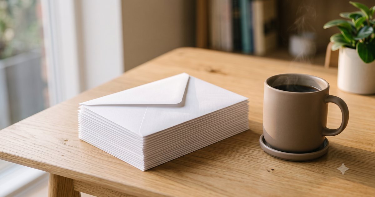 Stack of white envelopes on a desk beside coffee, representing email subject lines