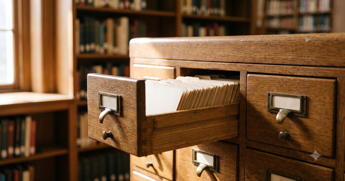 Vintage wooden library card catalog with an open drawer of index cards