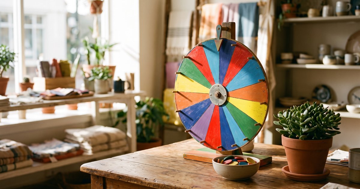 Spin-to-win prize wheel on a table in a shop