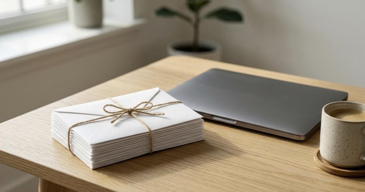Stack of white envelopes tied with twine beside a laptop