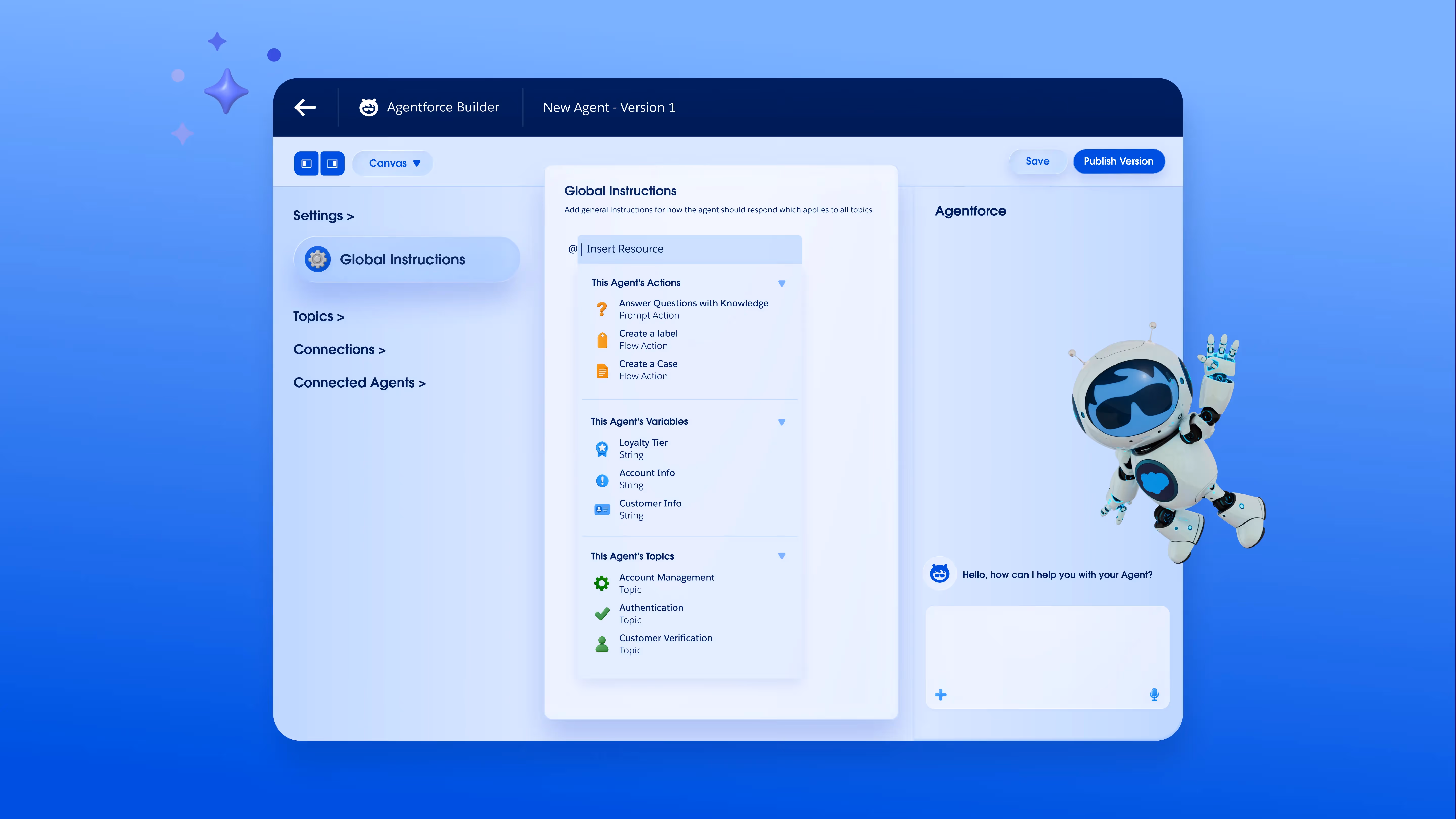 Agentforce Agent Builder interface showing low-code configuration workspace for building and testing AI agents
