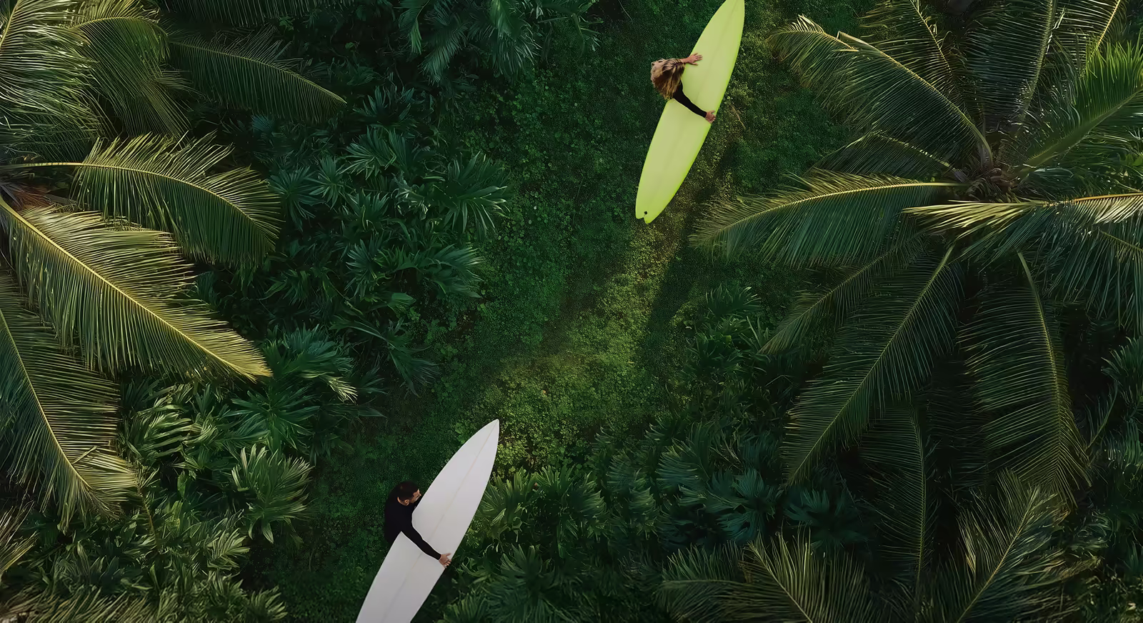 A high-angle aerial view of two surfers carrying a yellow and a white longboard through a vibrant green palm forest clearing.