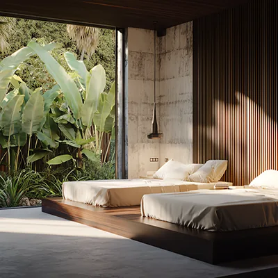 Modern twin bedroom with platform beds, white linens, wooden slat accent wall, and large window showing lush green tropical plants outside.