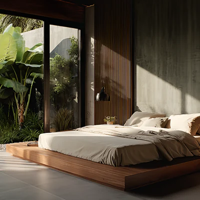 Modern living room with beige sectional sofa, wooden coffee table, large windows overlooking lush greenery, and wooden dining table in the background.