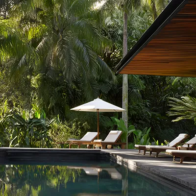 Poolside area with lounge chairs and a white umbrella surrounded by lush tropical greenery and a modern wooden overhang.