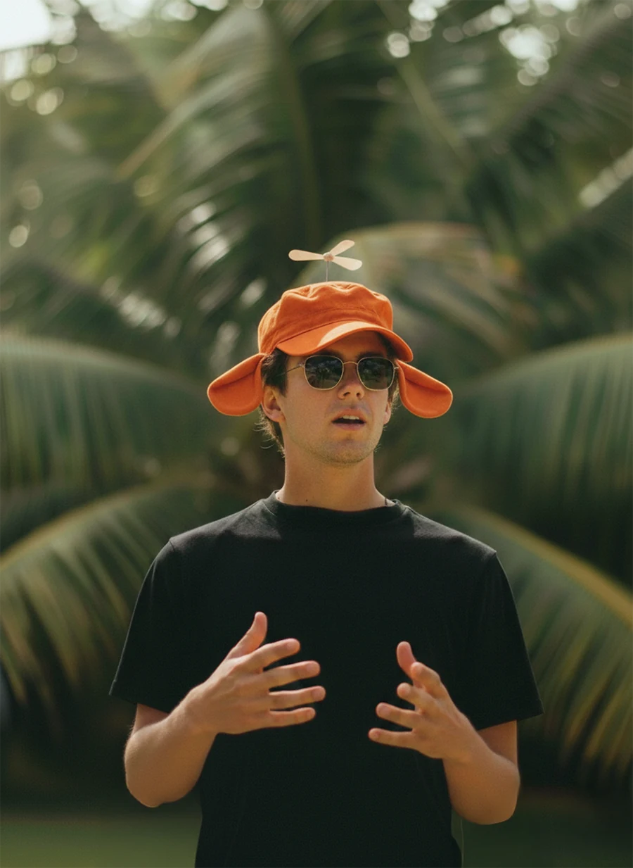 A man wearing an orange propeller hat and sunglasses, gesturing with his hands in front of large tropical palm leaves.