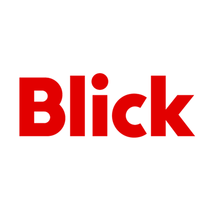 Blick in roter Schrift auf weißem rundem Hintergrund.
