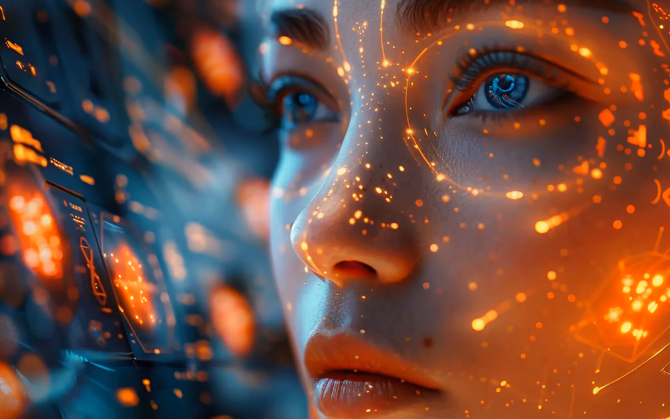 KI-Visual mit digitalem Gesicht und Datenpunkten, Symbolbild für künstliche Intelligenz