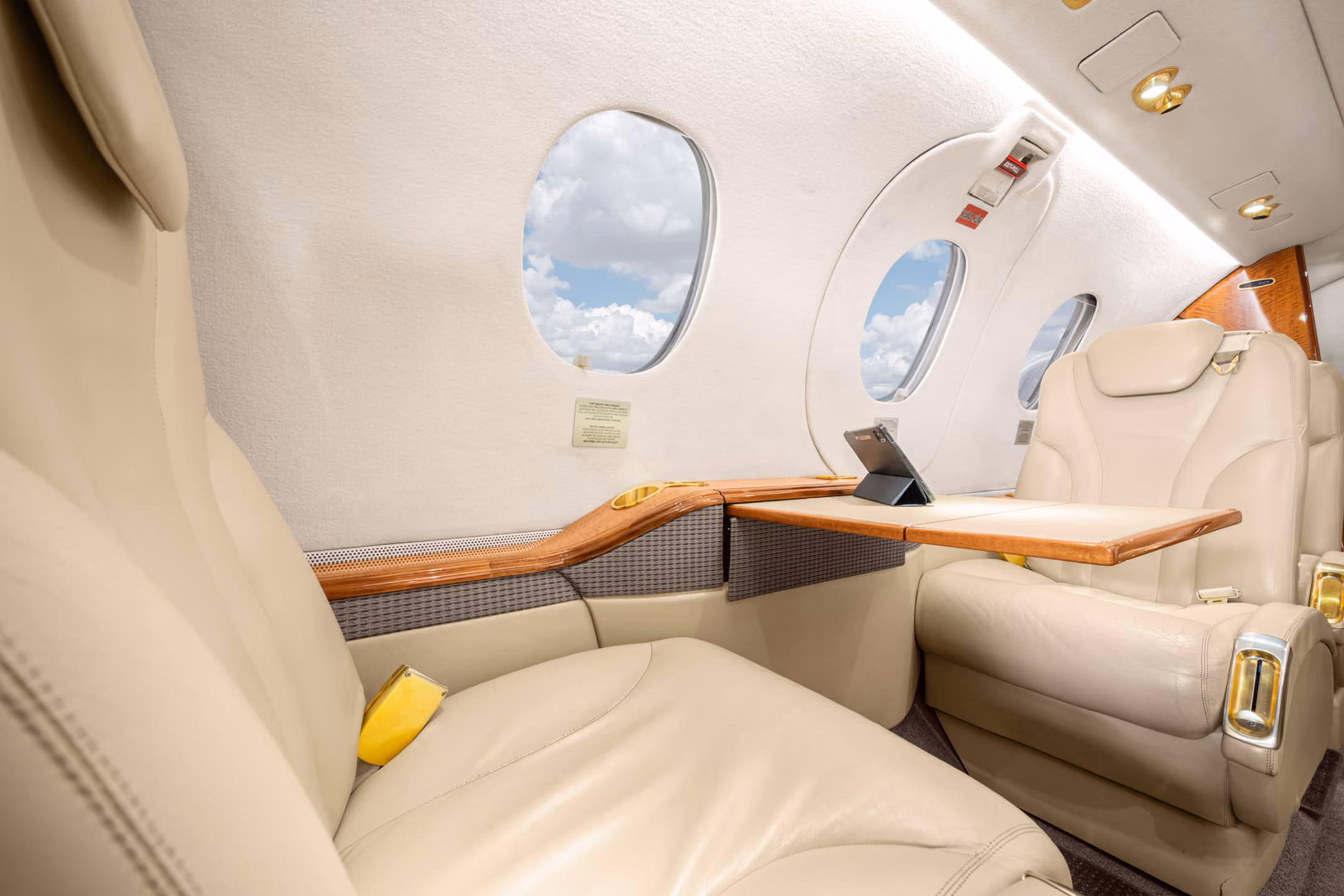 Interior view of an aircraft cabin showing two rows of gray leather passenger seats with armrests and seatbelt buckles.