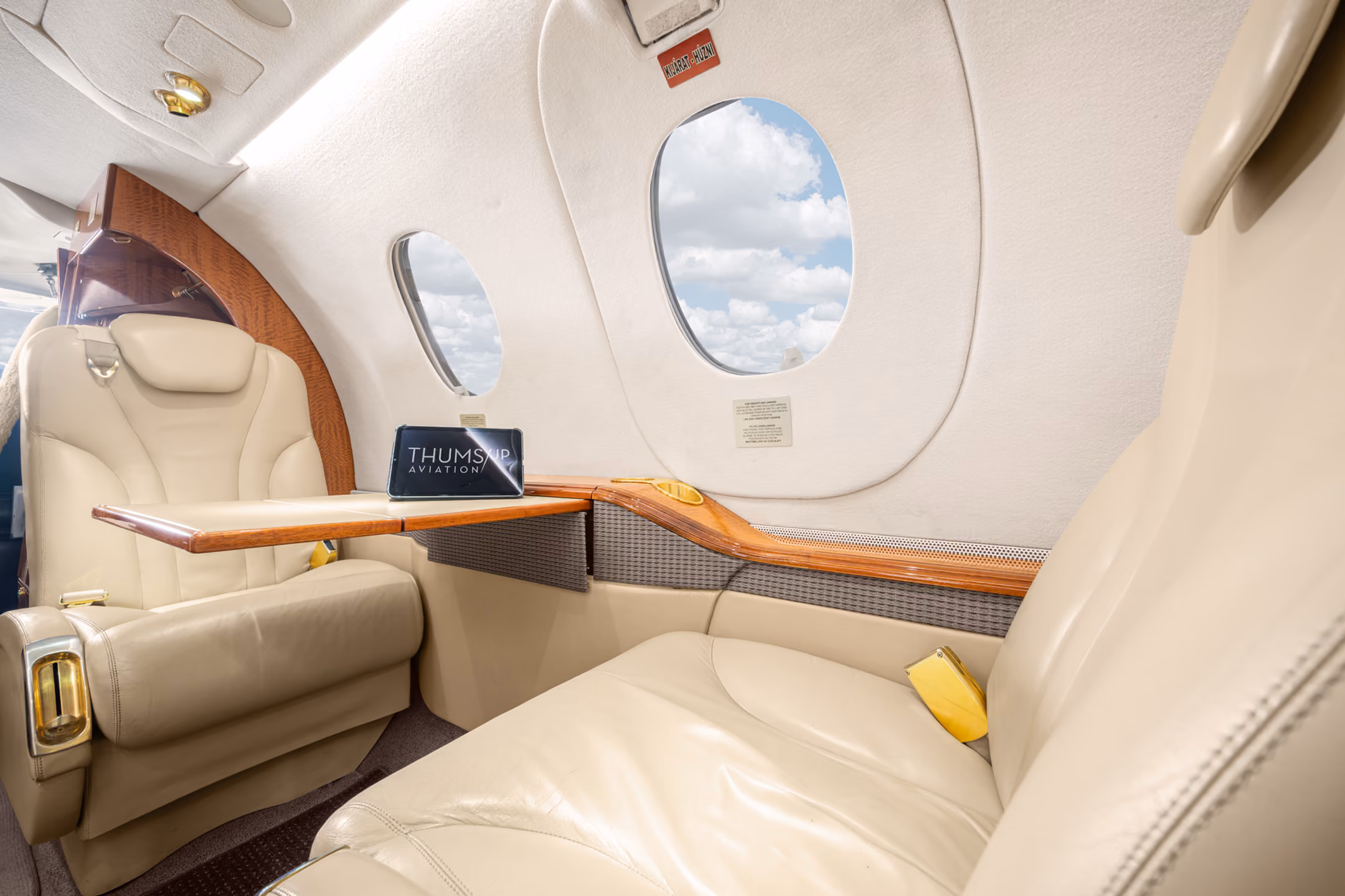 Interior view of an airplane cabin showing two gray leather seats and two aircraft windows with a blue sky outside.