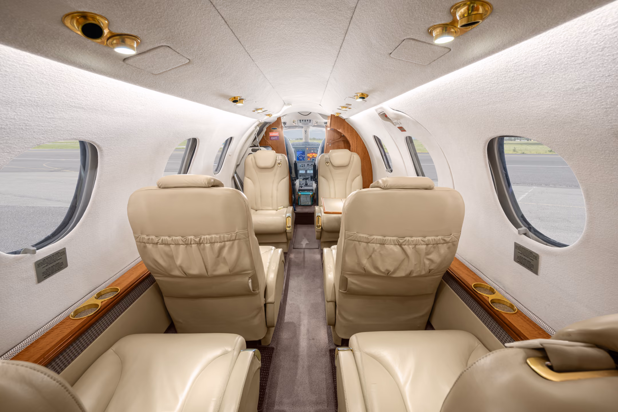 Interior of a private jet with gray leather seats arranged in two rows facing each other and multiple windows along the cabin sides.