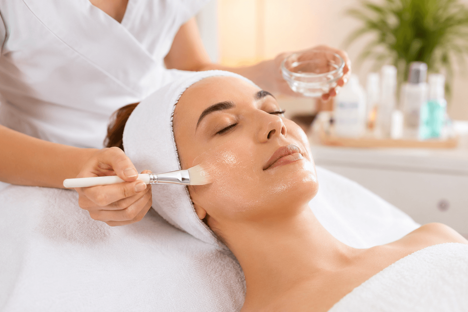 esthetician performing a brightening facial treatment to improve dull skin in Bethesda Maryland med spa setting