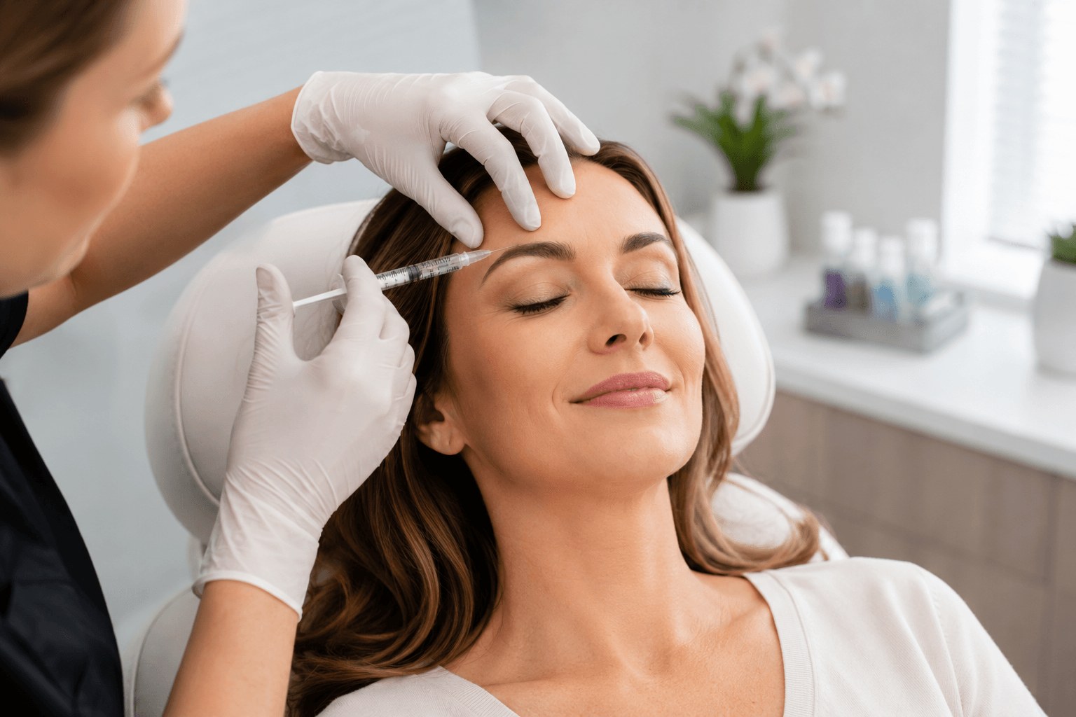Provider administering a Dysport injection to a patient's forehead at a med spa in Potomac, Maryland