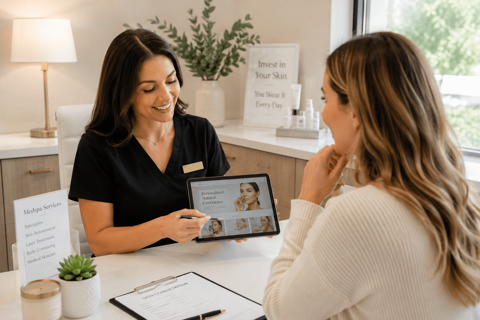 Consultation room at a medical spa in Potomac, Maryland where a provider discusses treatment options with a patient