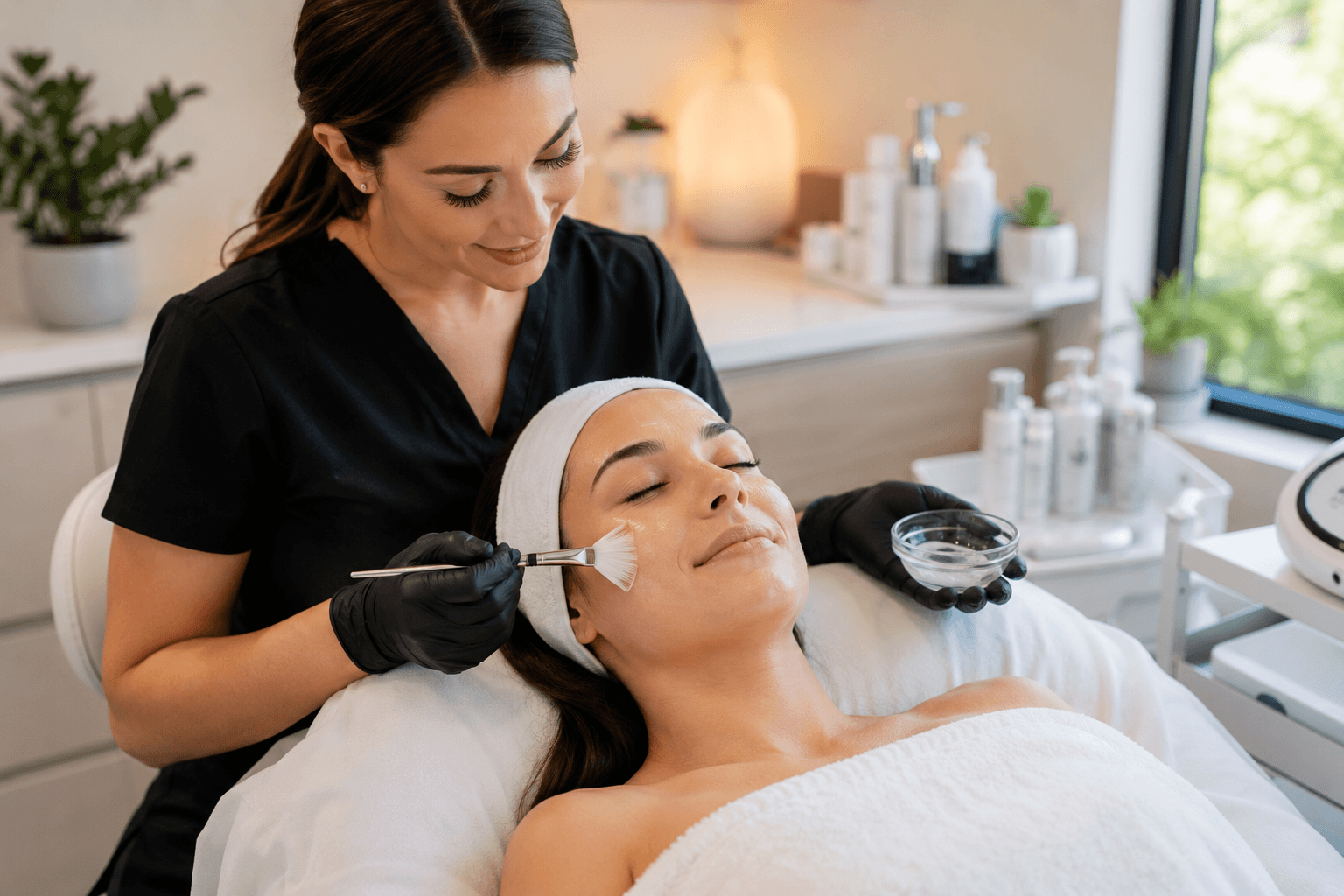 Esthetician performing a medical grade facial treatment on a client at a med spa in Potomac, Maryland