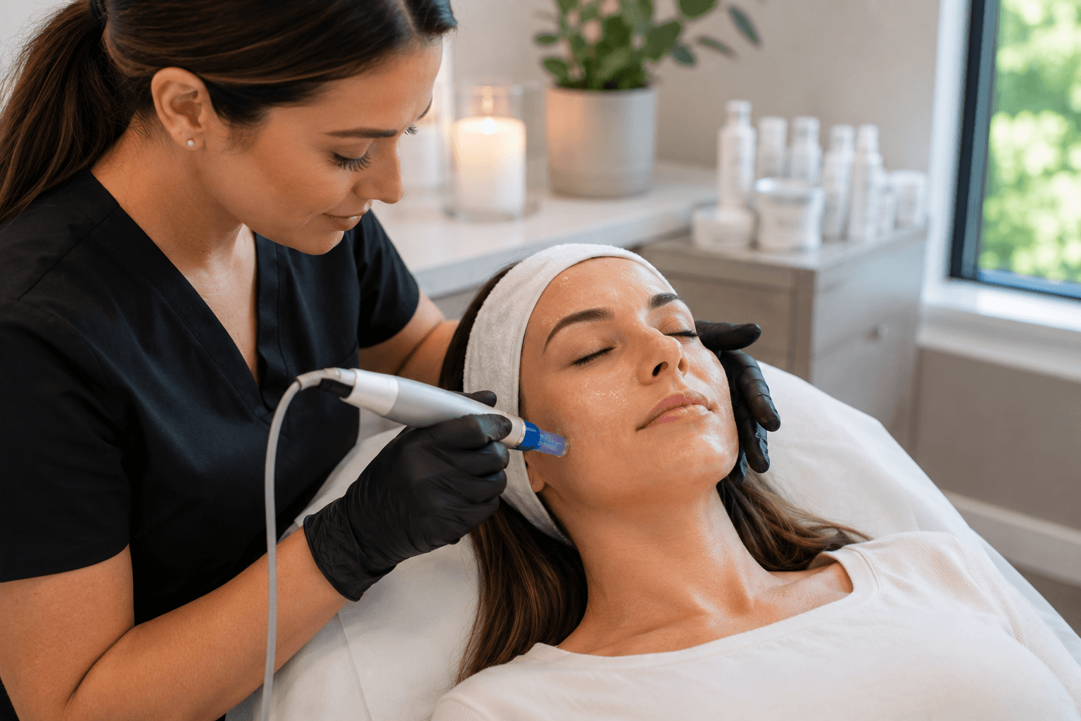 Microneedling device being used on a patient's cheek during a skin treatment session in Potomac, Maryland