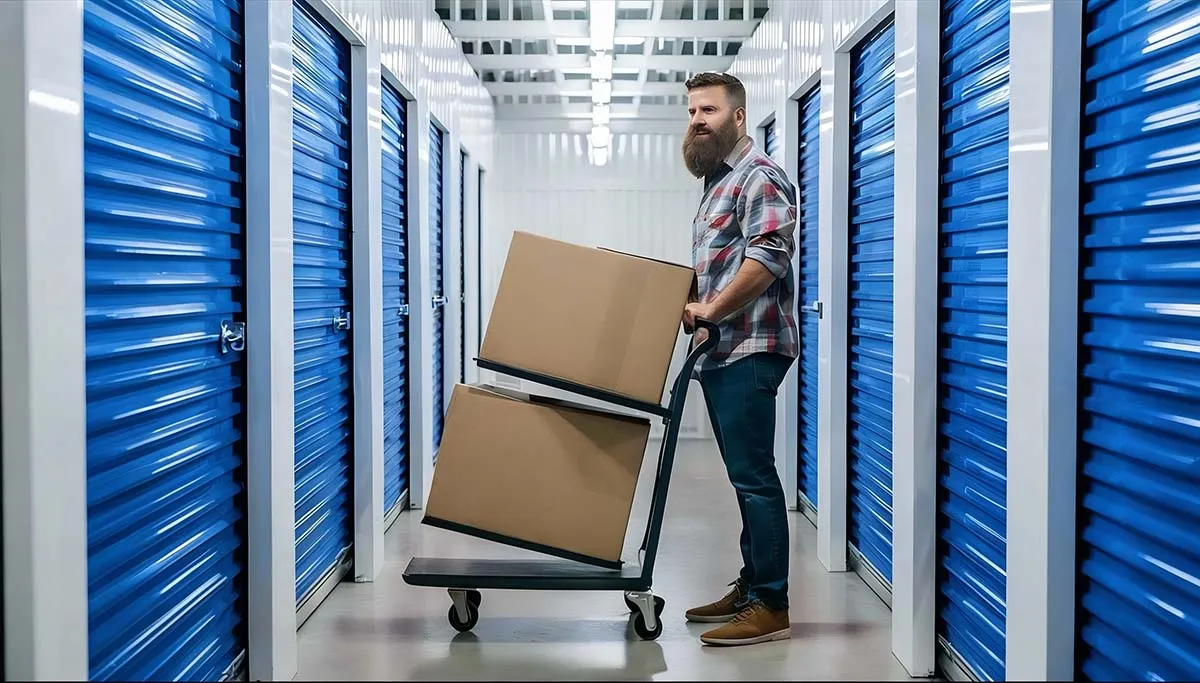 A man wheeling boxes into a storage unit at a self-storage company
