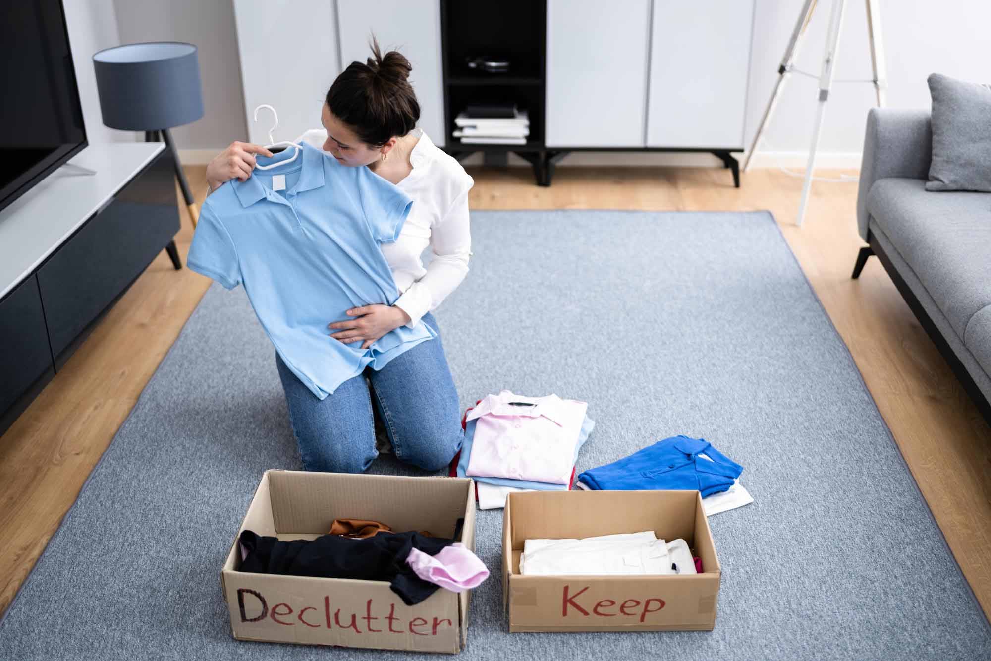 A woman sorting items between two boxes labelled 'Keep' and 'Declutter'