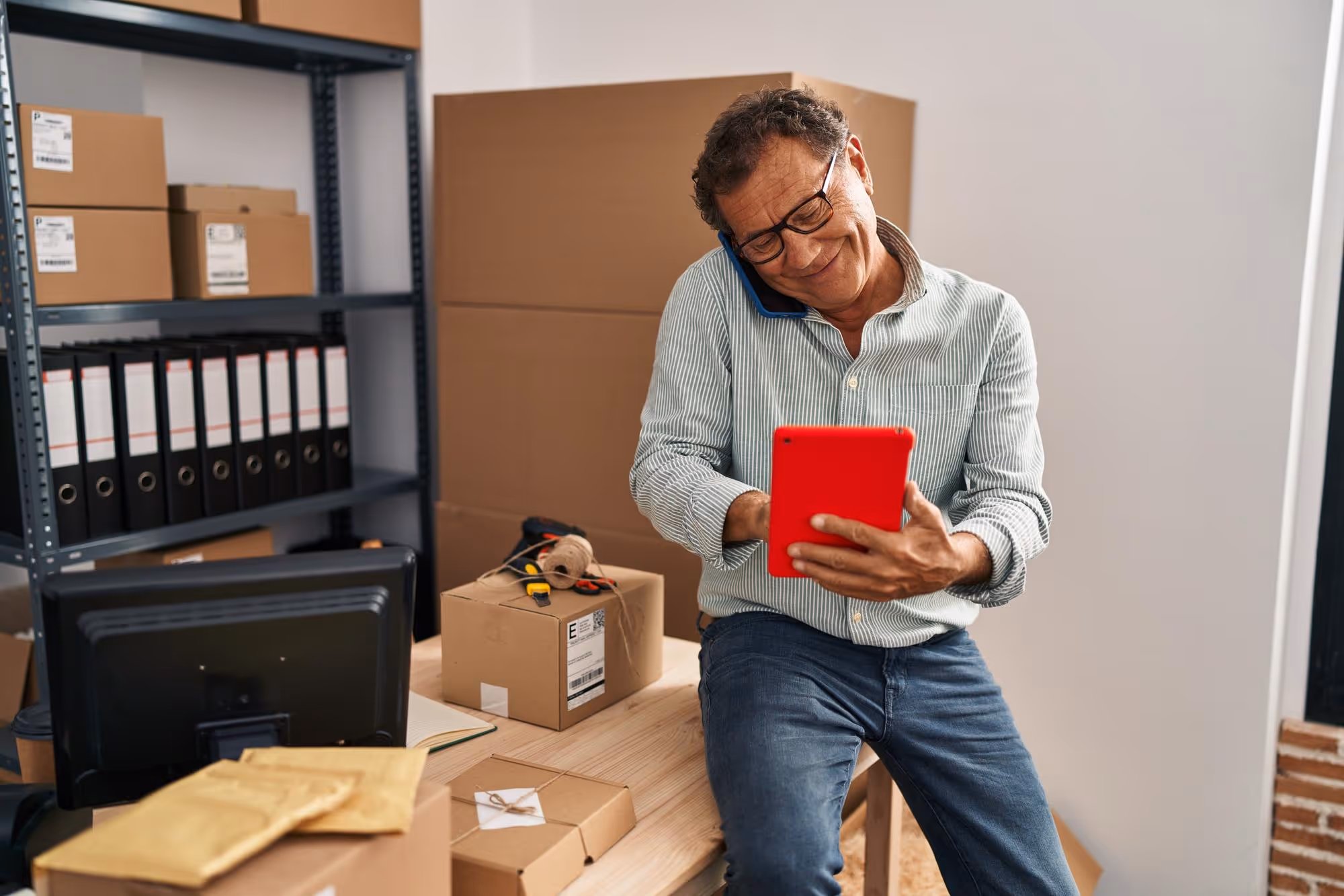 A man on the phone surrounded by boxes and dealing with a customer enquiry