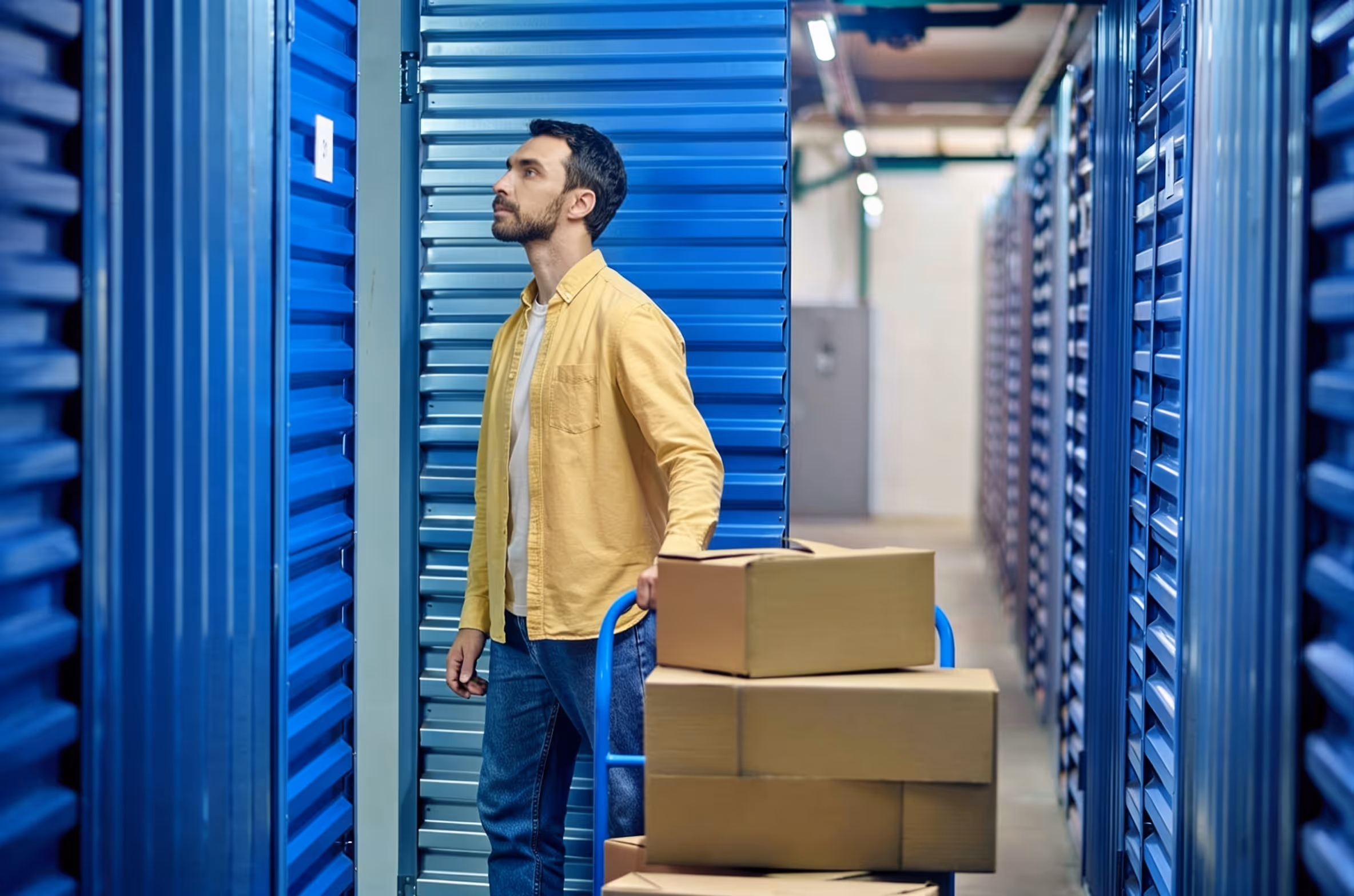 A man wheeling boxes into a self-storage unit