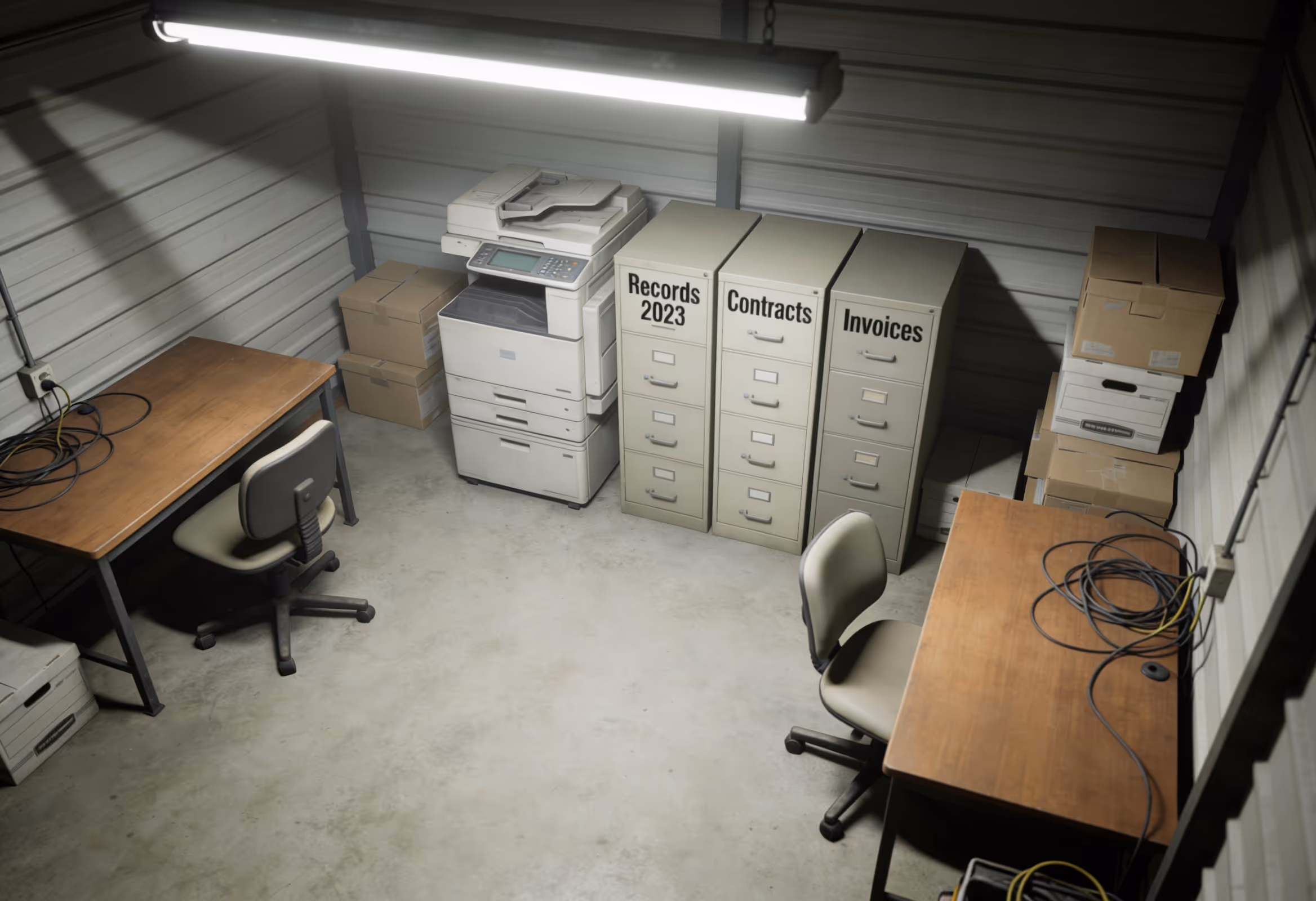 A storage unit with desks, chairs, a photocopier and filing cabinets inside