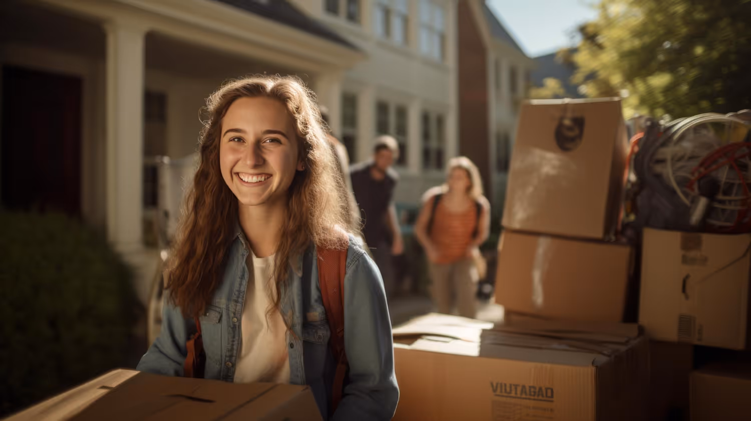 A student carrying a box of belongings as she moves out of her shared university accommodation