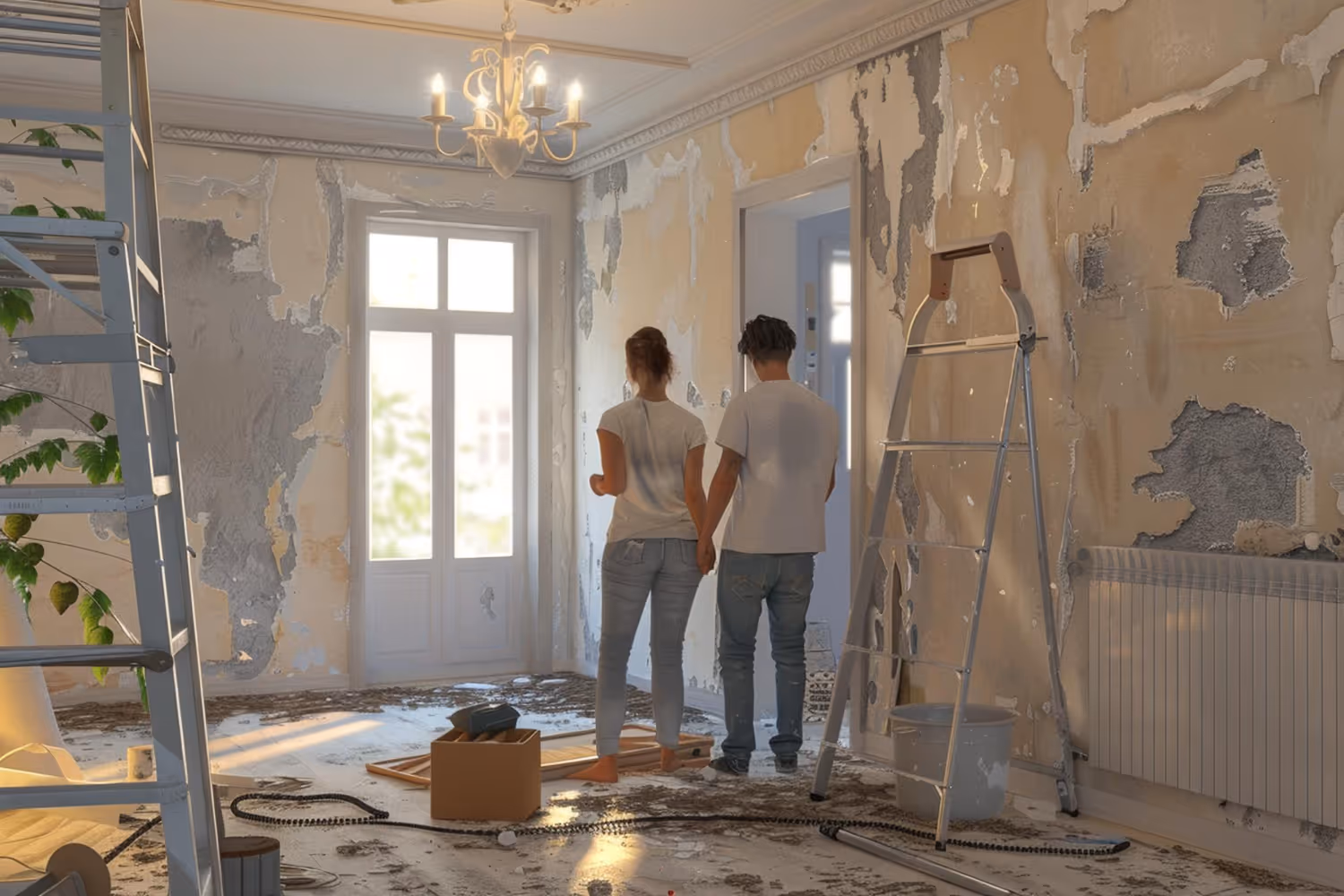 A couple standing and looking at their renovation work at home