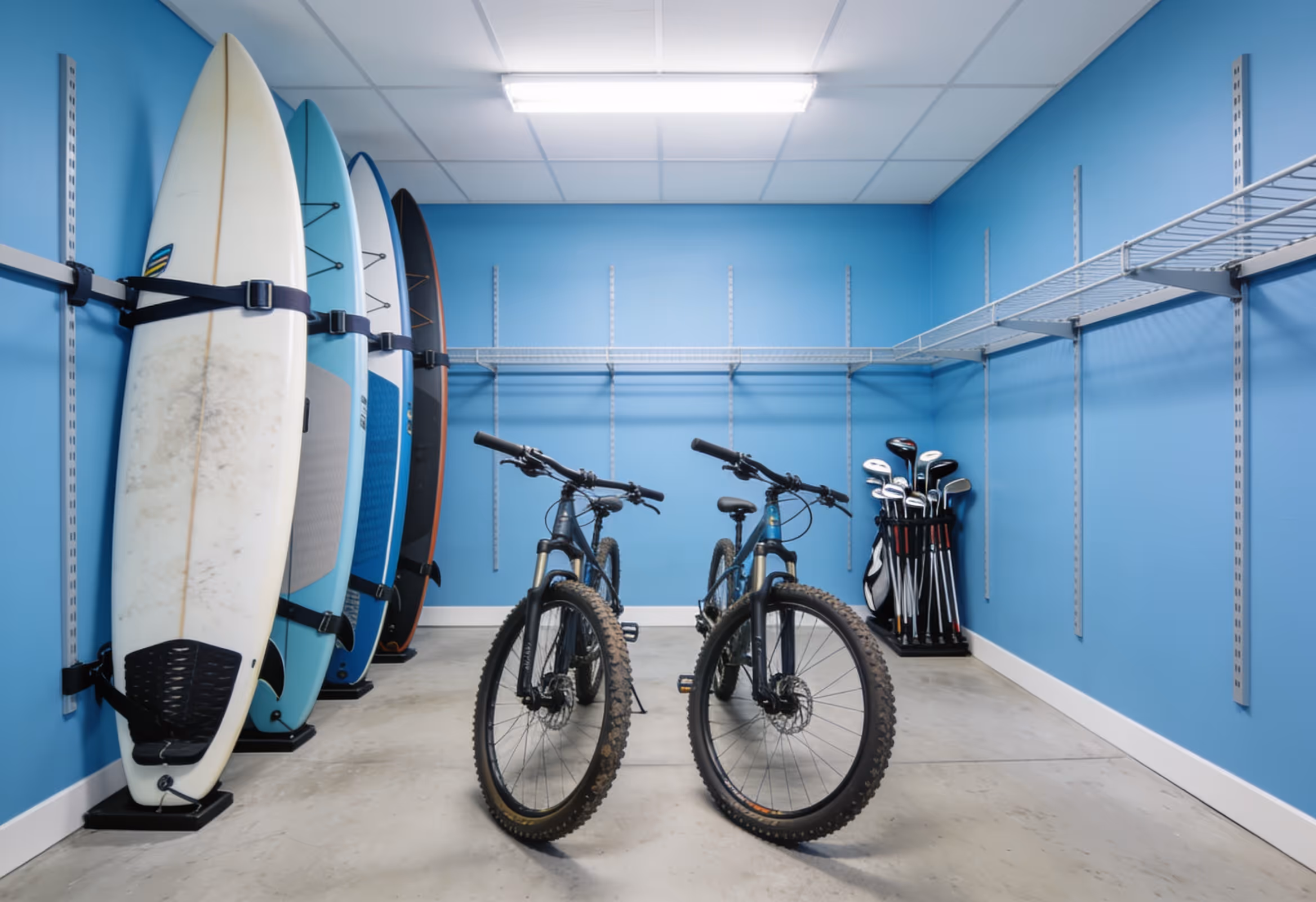 Surfboards and two mountain bikes inside a self-storage unit