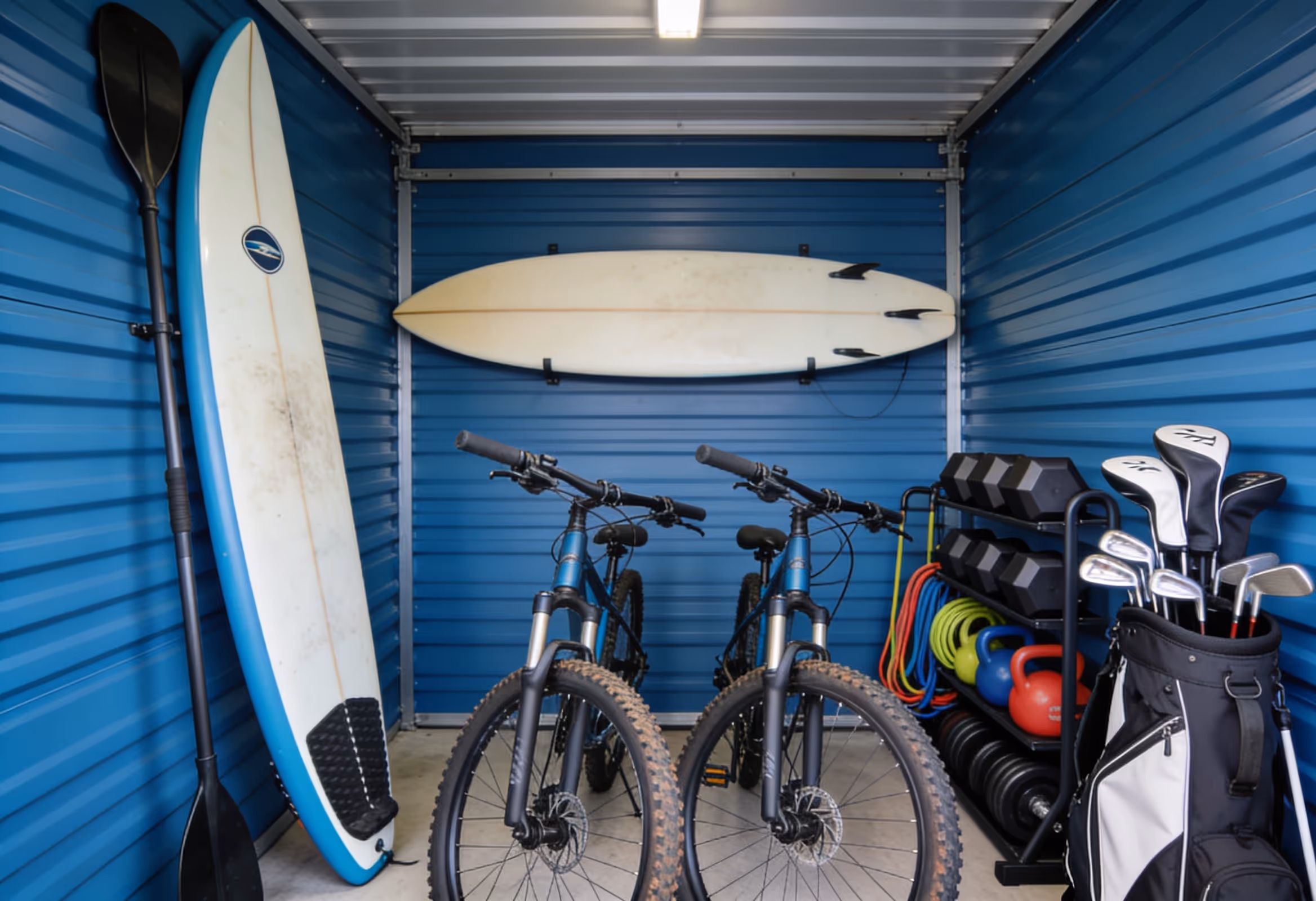 Mountain bikes, golf clubs and surfboards inside a blue self-storage unit