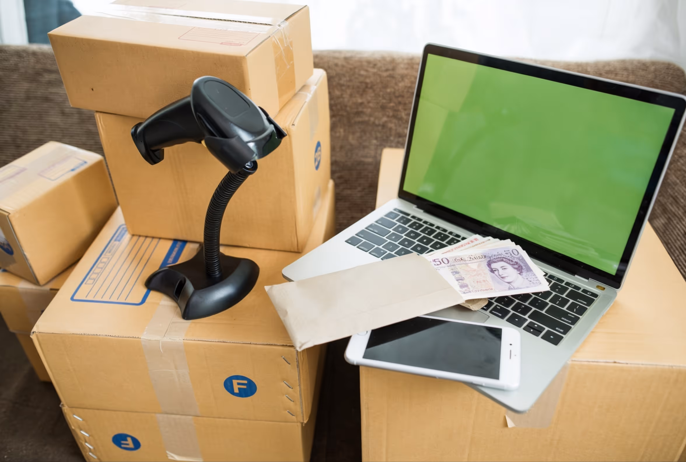 Ecommerce stock, a laptop computer, product scanner and British money