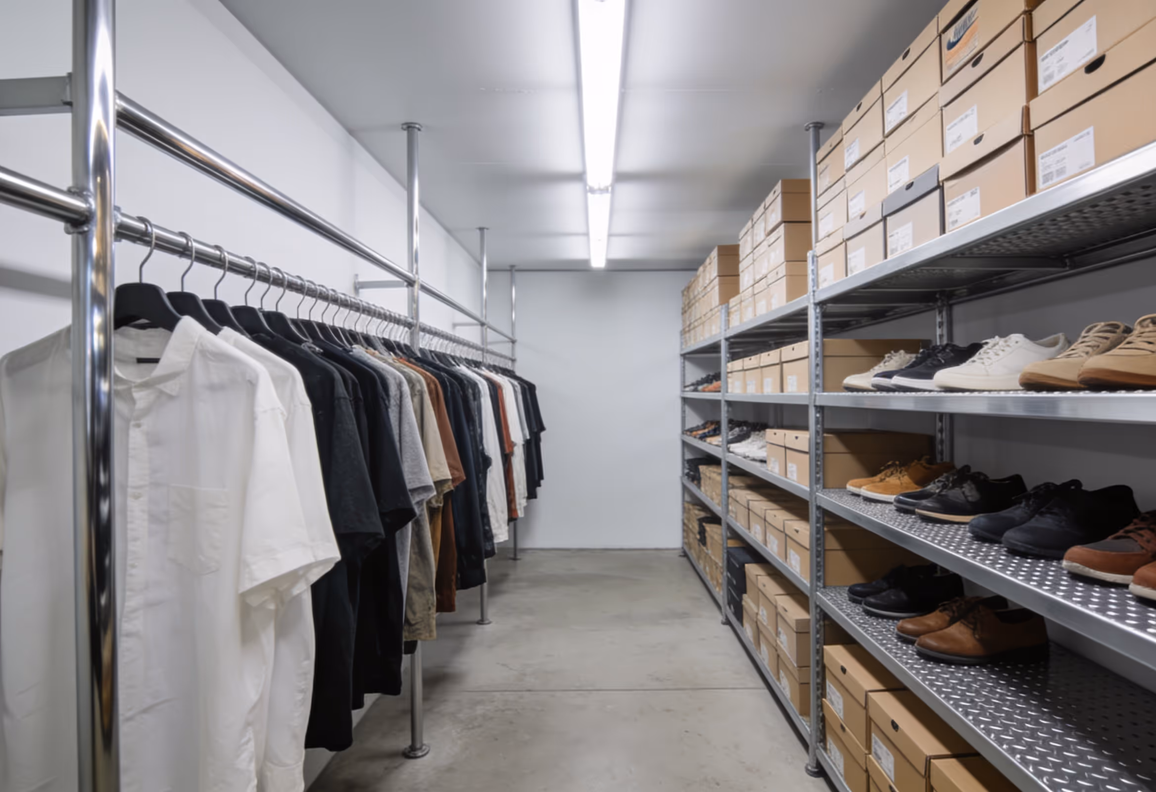 Ecommerce fashion stock on clothes racks inside a self-storage unit