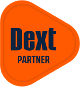 Dext Partner logo with dark text on an orange triangular shape with rounded edges.