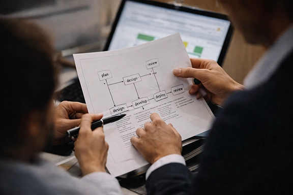 Two people reviewing a printed project flowchart with stages: plan, design, develop, deploy, and review.