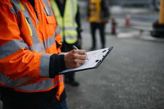 Person in an orange reflective safety jacket writing on a clipboard at a construction site.