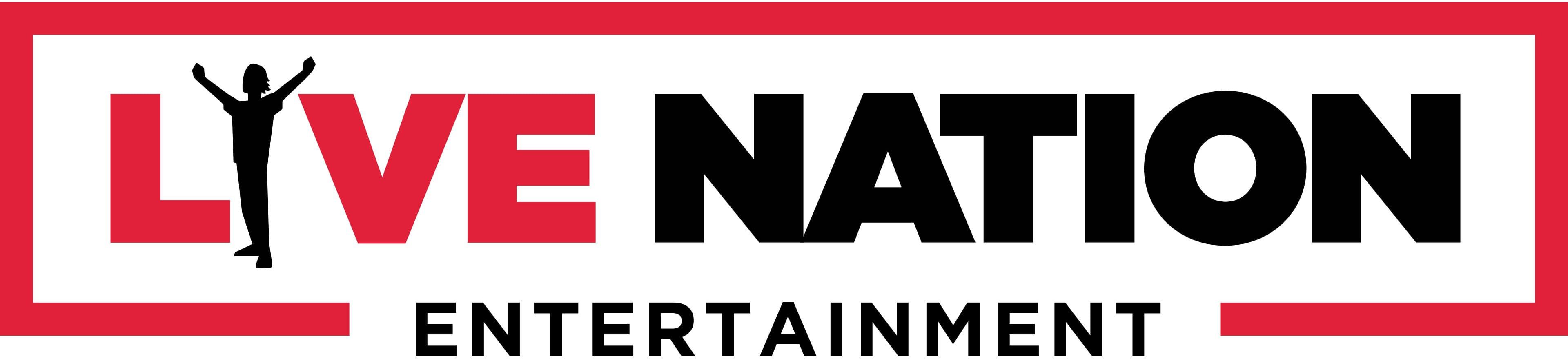 Live Nation Entertainment logo with a red and black stylized text featuring a silhouette of a person with raised arms forming part of the letter L.