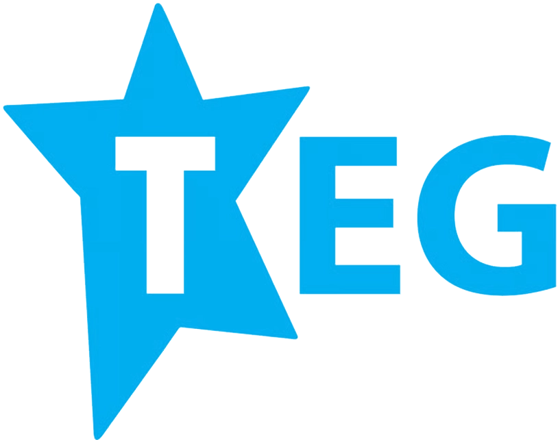 Blue star shape with a white letter T inside, followed by blue letters E and G.