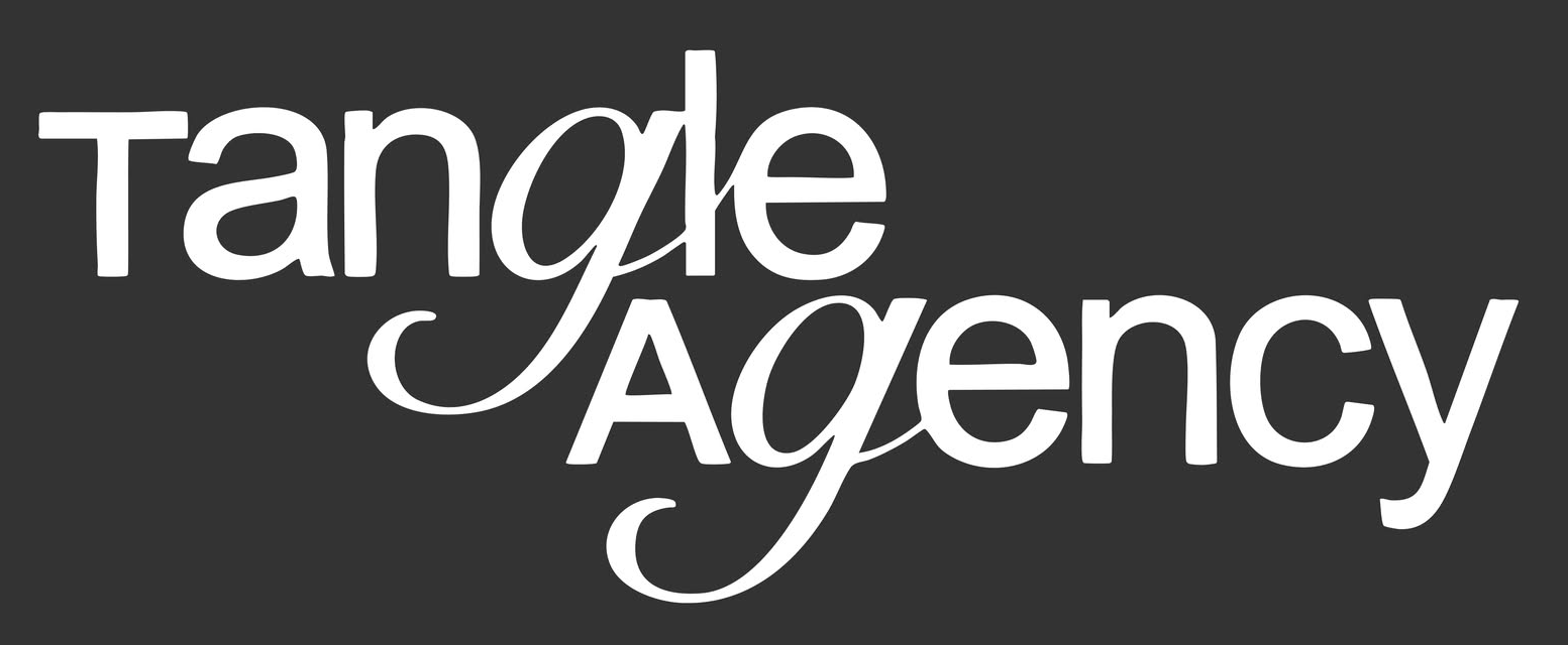 White text reading 'Tangle Agency' on a dark background with decorative cursive styling on the letters g and y.