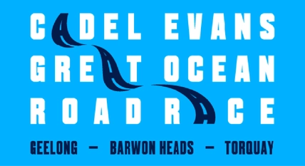 Cadel Evans Great Ocean Road Race logo with stylized ocean waves and route names Geelong, Barwon Heads, Torquay on blue background.