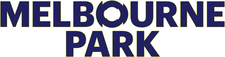 Text logo reading 'MELBOURNE PARK' in bold dark blue uppercase letters with a thin yellow outline.
